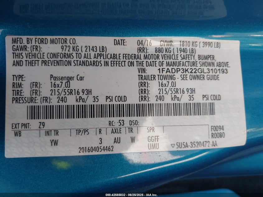 2016 FORD FOCUS SE - 1FADP3K22GL310193