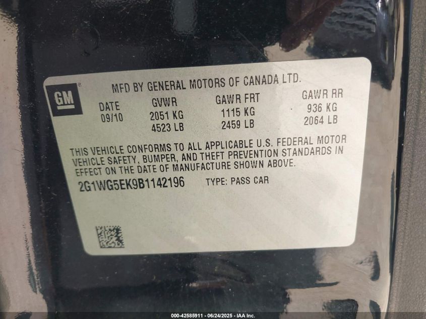 2011 Chevrolet Impala Lt VIN: 2G1WG5EK9B1142196 Lot: 42585911