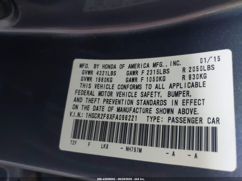 2015 HONDA ACCORD VIN: 1HGCR2F8XFA096221