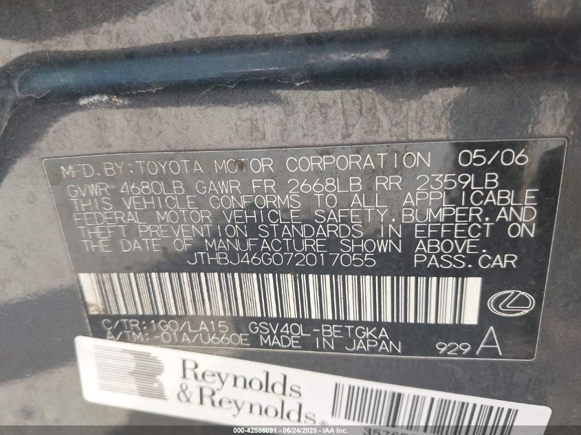 2007 Lexus Es 350 VIN: JTHBJ46GO72017055 Lot: 42586091