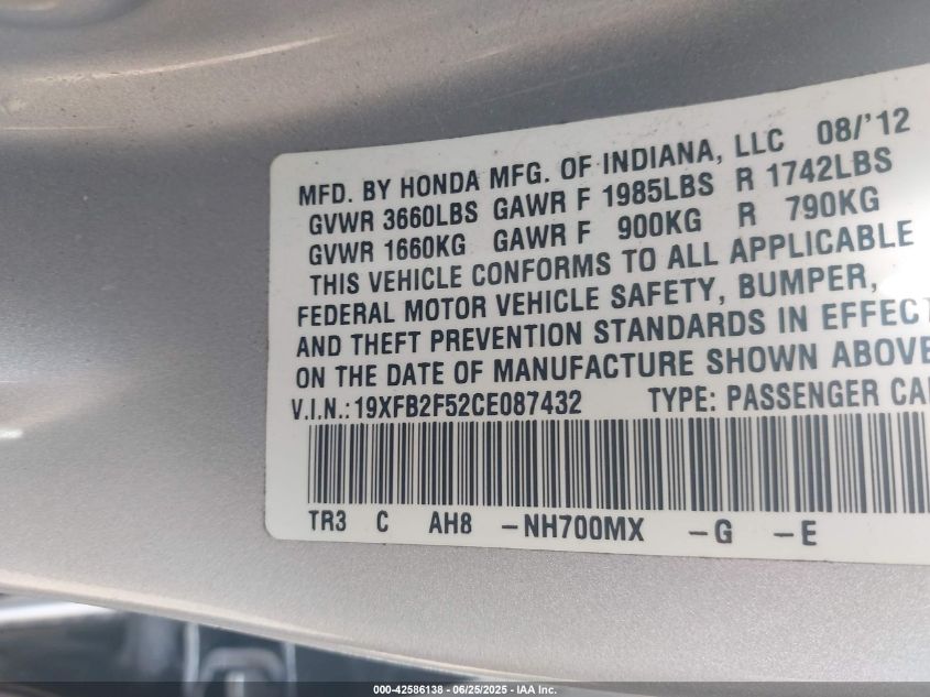 2012 Honda Civic Lx VIN: 19XFB2F52CE087432 Lot: 42586138