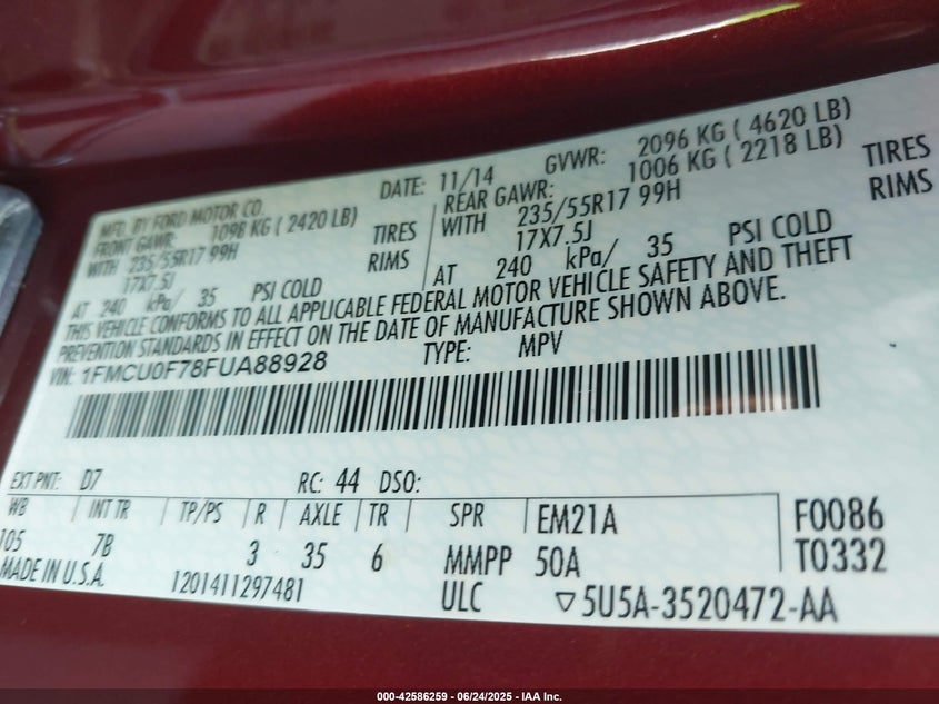 2015 FORD ESCAPE VIN: 1FMCU0F78FUA88928
