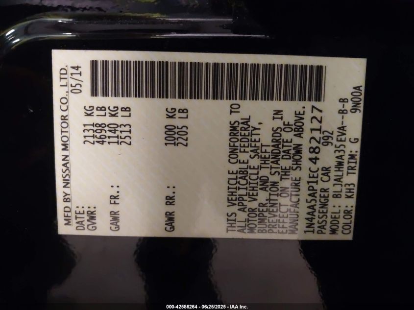 2014 Nissan Maxima 3.5 Sv VIN: 1N4AA5AP1EC482127 Lot: 42586264