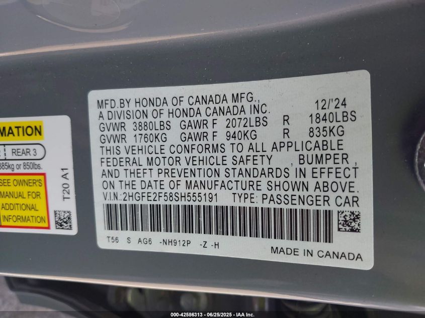 2025 Honda Civic Sport VIN: 2HGFE2F58SH555191 Lot: 42586313