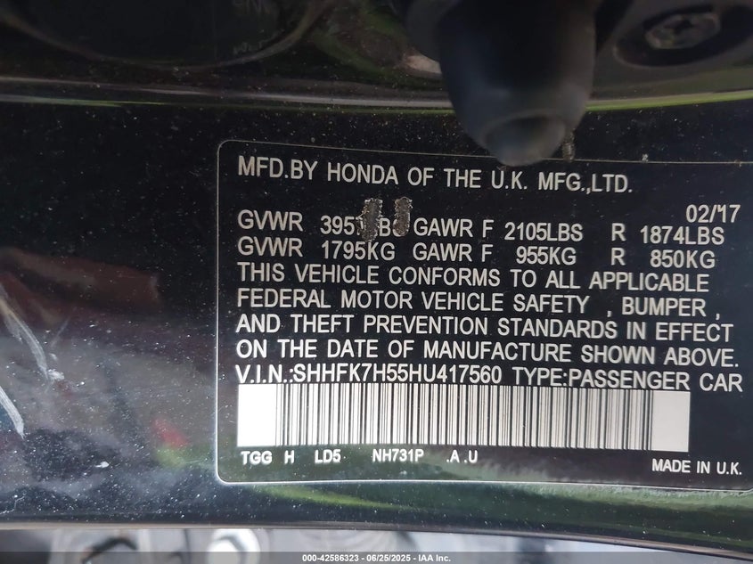 2017 HONDA CIVIC VIN: SHHFK7H55HU417560