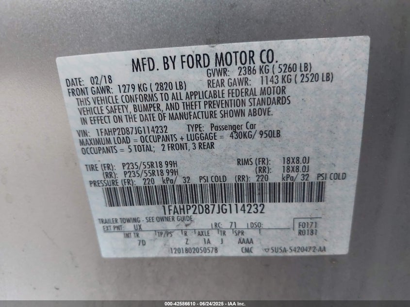 VIN 1FAHP2D87JG114232 2018 FORD TAURUS SE