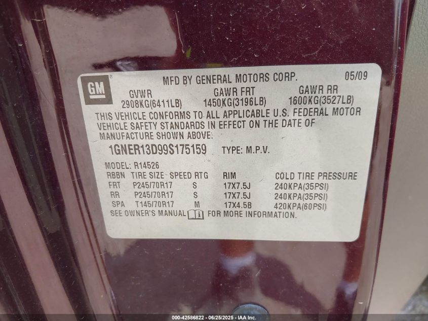 2009 Chevrolet Traverse Ls VIN: 1GNER13D995175159 Lot: 42586822
