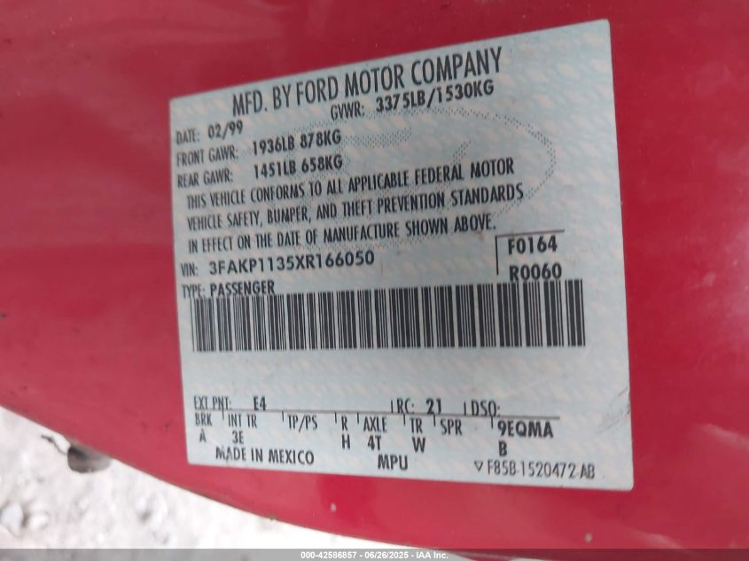 1999 Ford Escort VIN: 3FAKP1235XR166050 Lot: 42586857