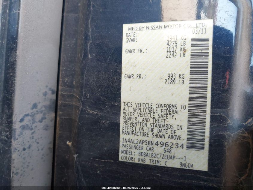 2011 Nissan Altima 2.5 S VIN: 1N4AL2AP5BN496234 Lot: 42586869