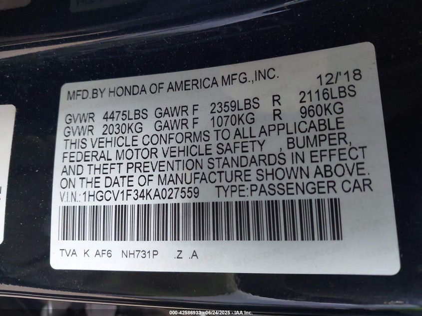 2019 HONDA ACCORD VIN: 1HGCV1F34KA027559