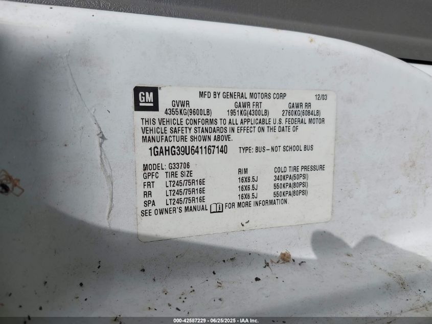 2004 Chevrolet Express VIN: 1GAHG39U641167140 Lot: 42587229