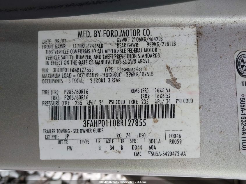 2008 Ford Fusion Se VIN: 3FAHP01108R127855 Lot: 42587247