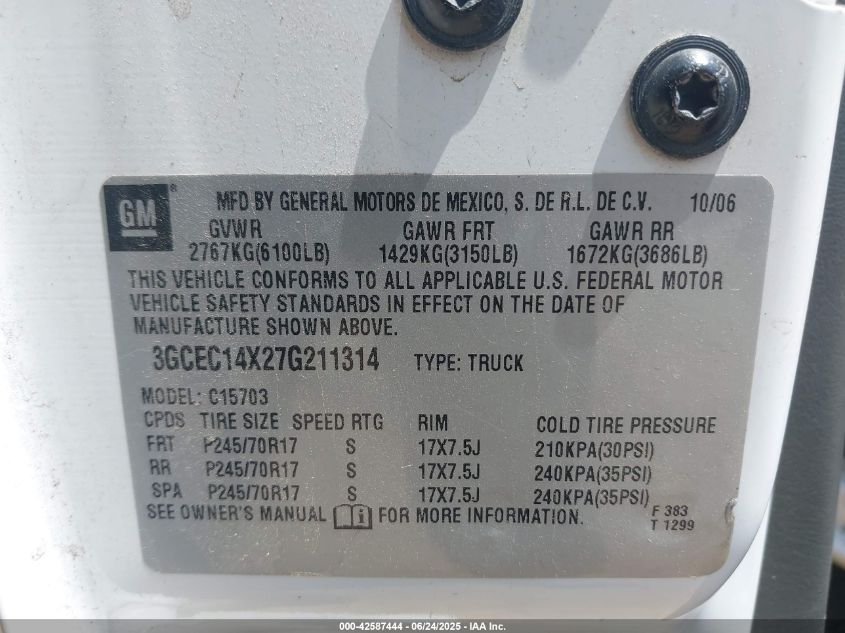 2007 Chevrolet Silverado 1500 Classic Work Truck VIN: 3GCEC14X27G211314 Lot: 42587444