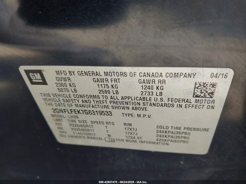 2016 Chevrolet Equinox Lt VIN: 2GNFLFEK7G6319533 Lot: 42587470