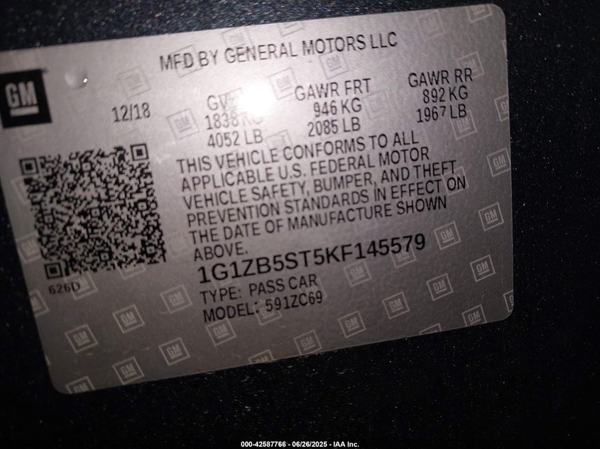 2019 Chevrolet Malibu 1Ls VIN: 1G1ZB5ST5KF145579 Lot: 42587766