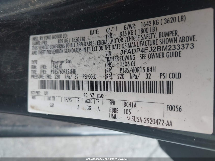 2011 FORD FIESTA VIN: 3FADP4EJ2BM233373