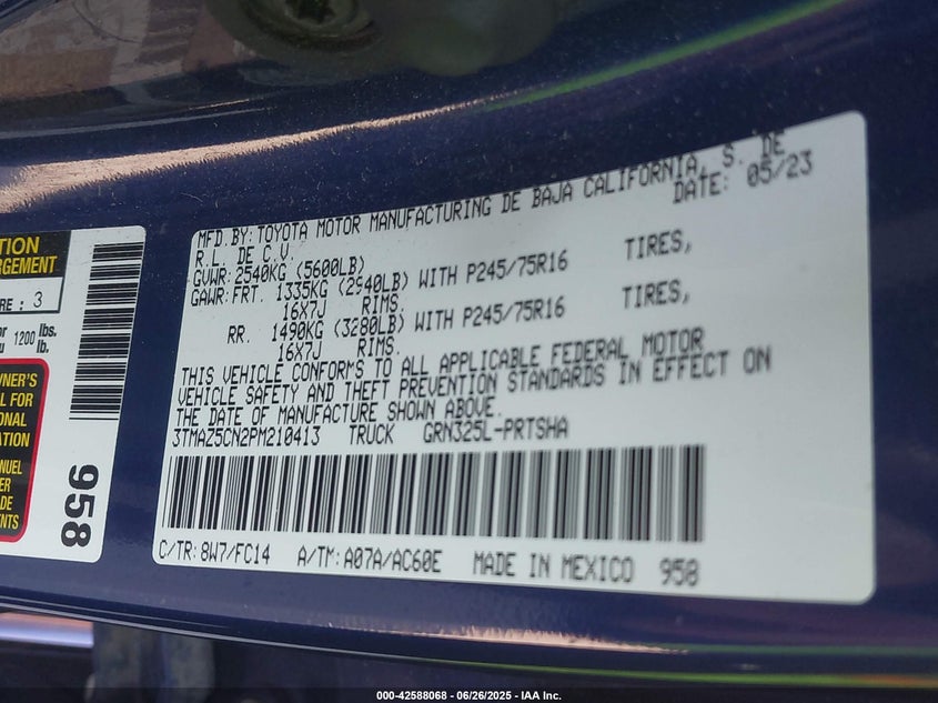 2023 TOYOTA TACOMA VIN: 3TMAZ5CN2PM210413