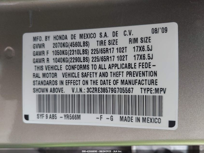 2009 Honda Cr-V Ex VIN: 3CZRE38579G705567 Lot: 42588090