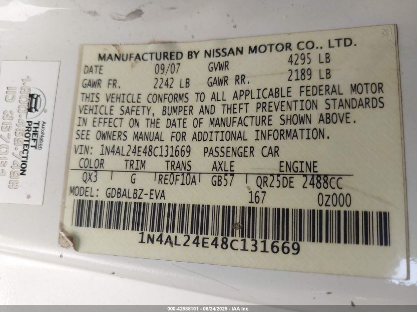 2008 Nissan Altima 2.5 S VIN: 1N4AL24E48C131669 Lot: 42588101