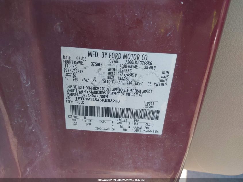 2005 Ford F-150 Fx4/Lariat/Xlt VIN: 1FTPW14545KE93220 Lot: 42588139