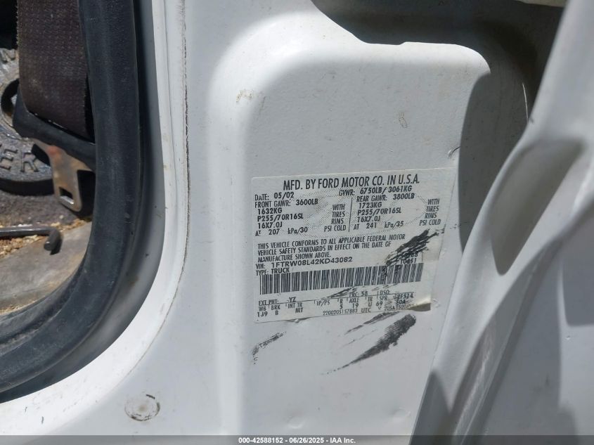 2002 Ford F150 Supercrew VIN: 1FTRW08L42KC43082 Lot: 42588152