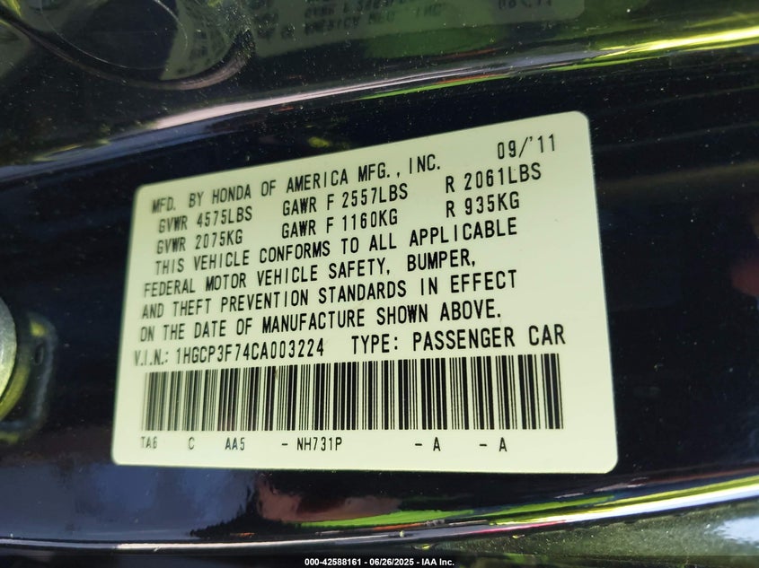 2012 HONDA ACCORD VIN: 1HGCP3F74CA003224