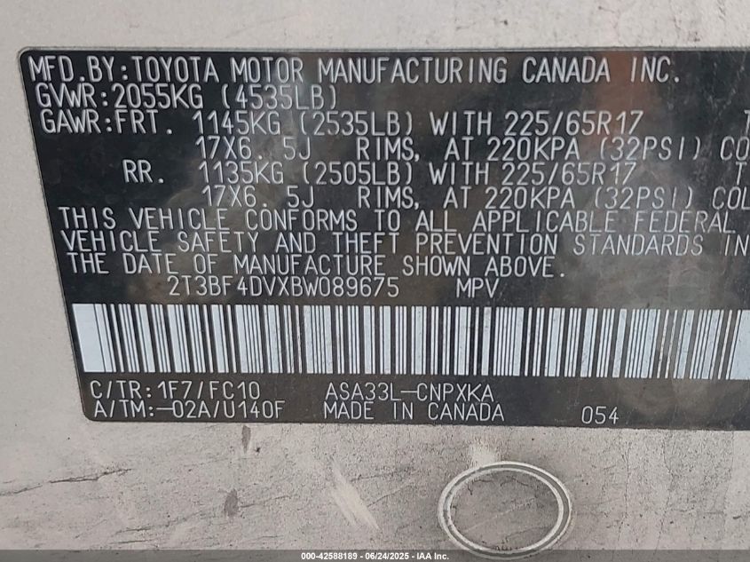 2011 Toyota Rav4 VIN: 2T3BF4DVXBN089675 Lot: 42588189