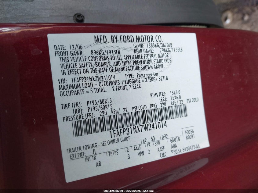 2007 FORD FOCUS VIN: 1FAFP31NX7W241014