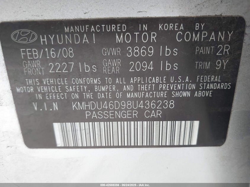2008 HYUNDAI ELANTRA VIN: KMHDU46D98U436238