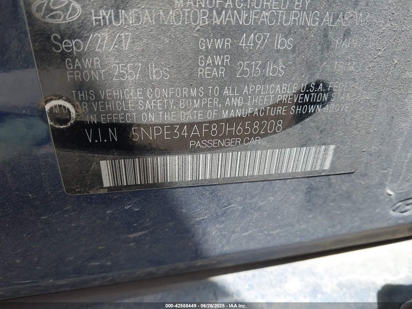 2018 HYUNDAI SONATA VIN: 5NPE34AF8JH658208
