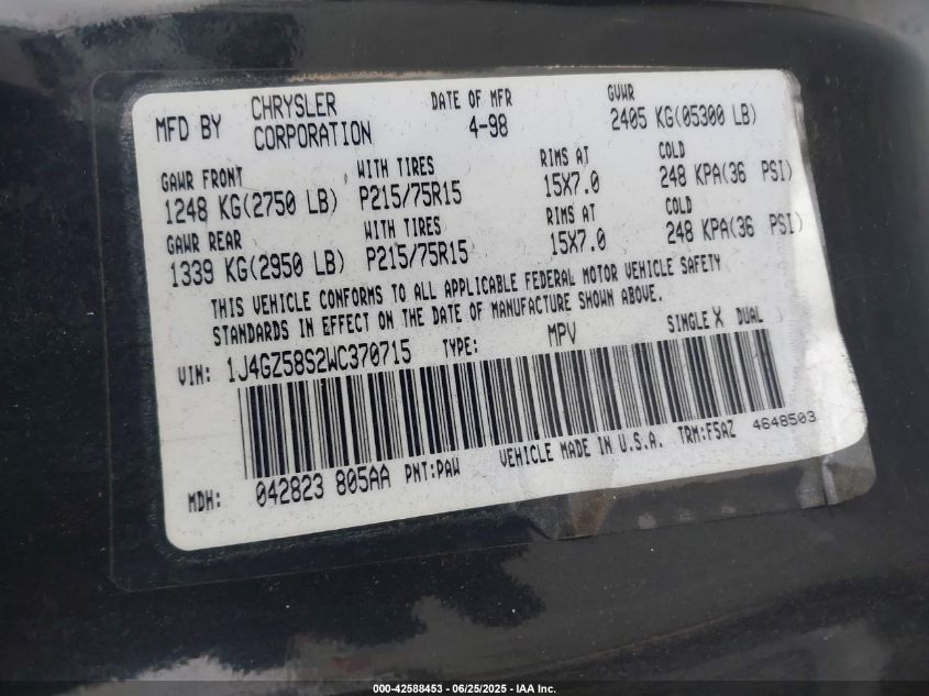 1998 Jeep Grand Cherokee Laredo VIN: 1J4GZ58S2WC370715 Lot: 42588453