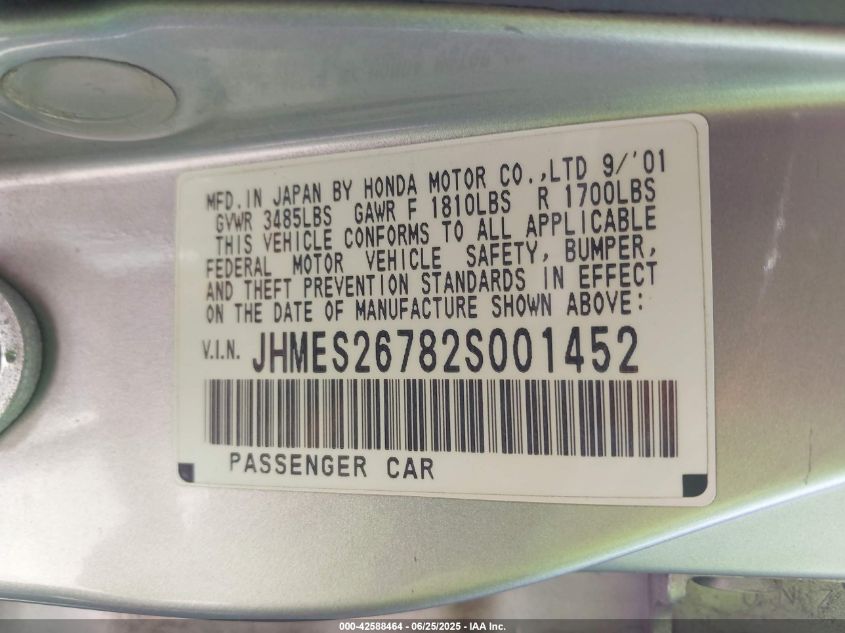 2002 Honda Civic Ex VIN: JHMES26782S001452 Lot: 42588464