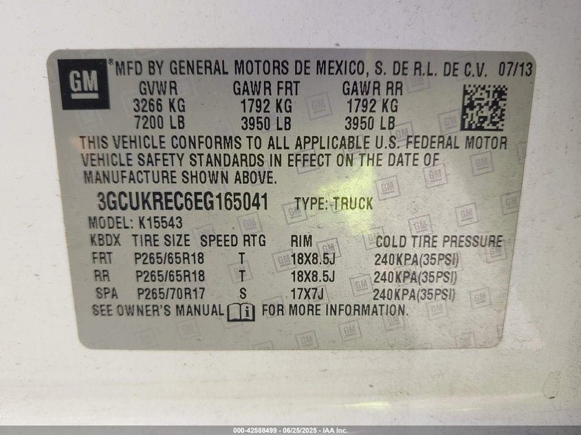 2014 Chevrolet Silverado 1Lt/2Lt VIN: 3GCUKREC6EG1650 Lot: 42588499