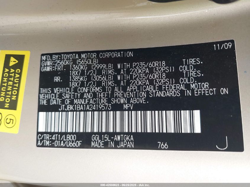 2010 Lexus Rx 350 VIN: JTJBK1BA1A2419573 Lot: 42588623