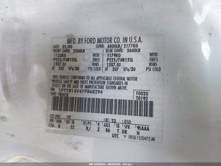 2000 Ford Ranger Xl/Xlt VIN: 1FTYR14V4YPB68294 Lot: 42588640