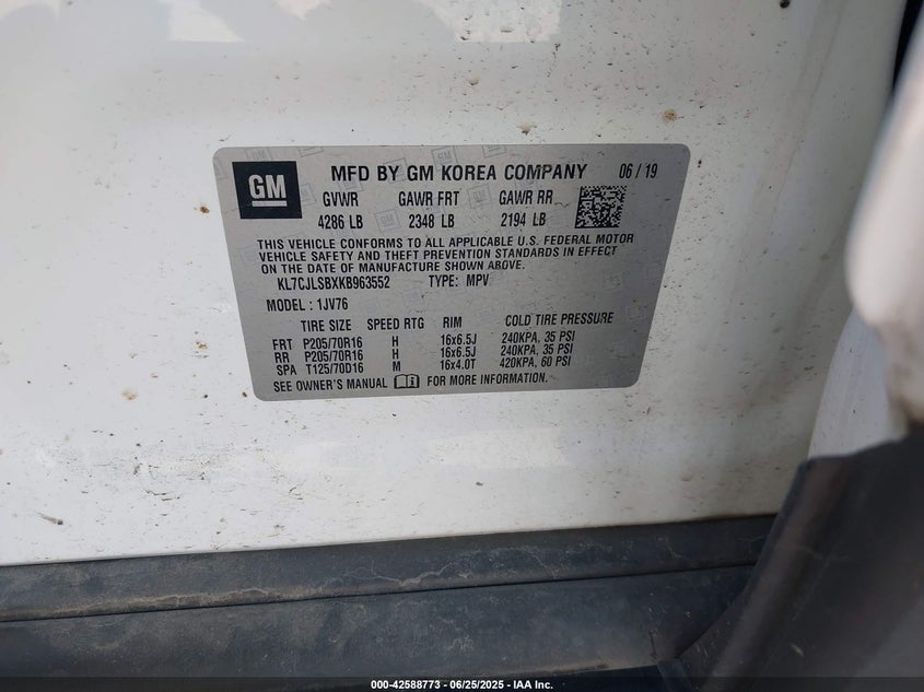 2019 CHEVROLET TRAX LT - KL7CJLSBXKB963552