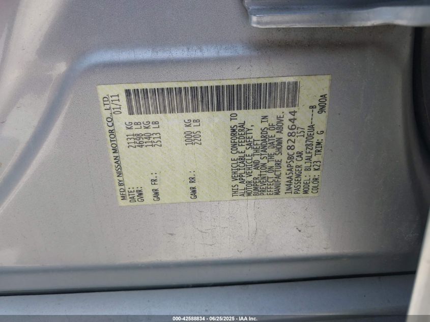 2011 Nissan Maxima 3.5 Sv VIN: 1N4AA5AP5BC828644 Lot: 42588834