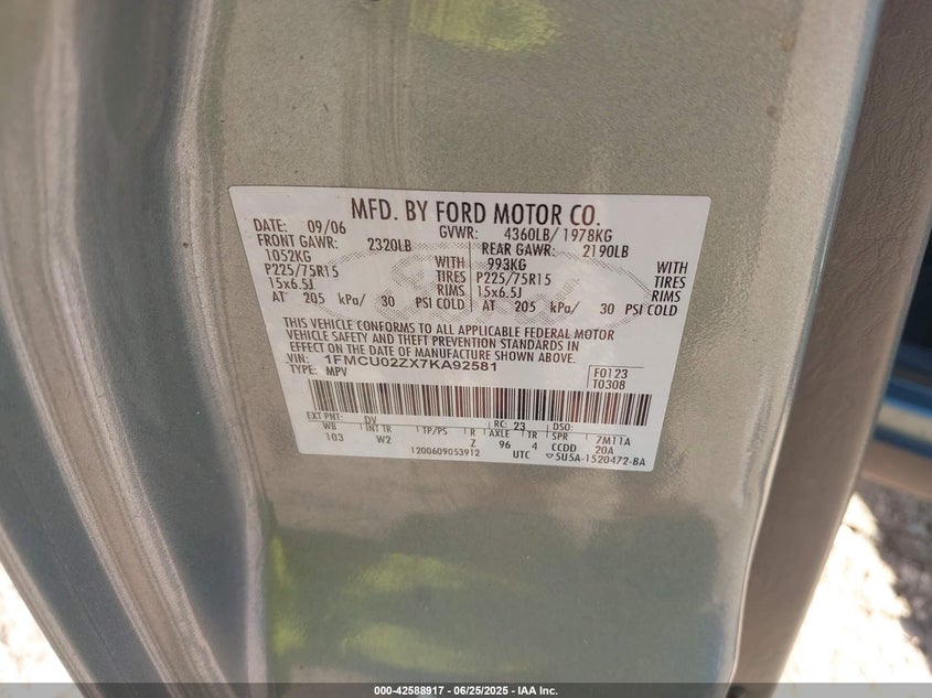 2007 FORD ESCAPE VIN: 1FMCU02ZX7KA92581