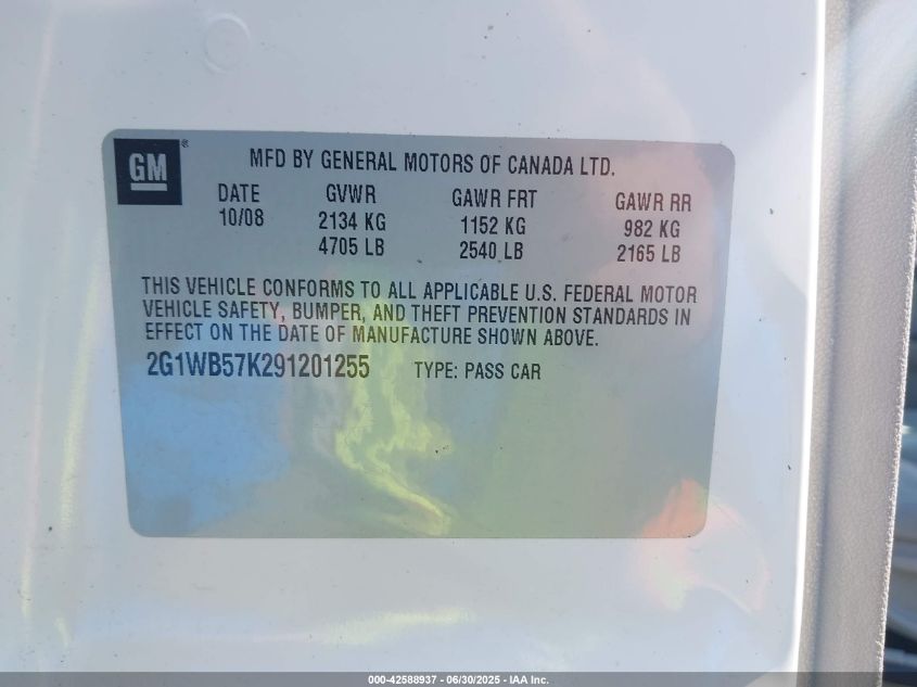 2009 Chevrolet Impala Ls VIN: 2G1WB57K291201255 Lot: 42588937