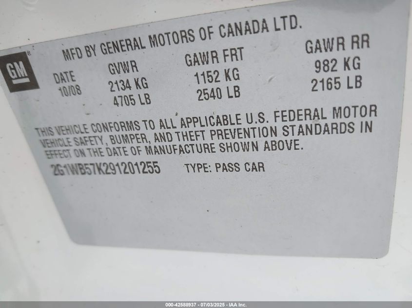 2009 Chevrolet Impala Ls VIN: 2G1WB57K291201255 Lot: 42588937