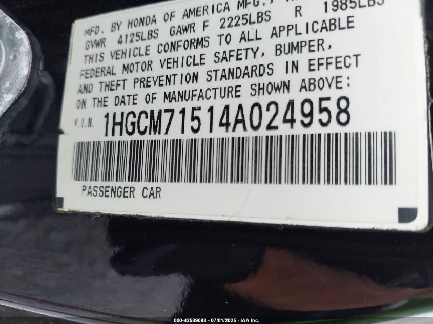 2004 Honda Accord 2.4 Ex VIN: 1HGCM71514A024958 Lot: 42589098