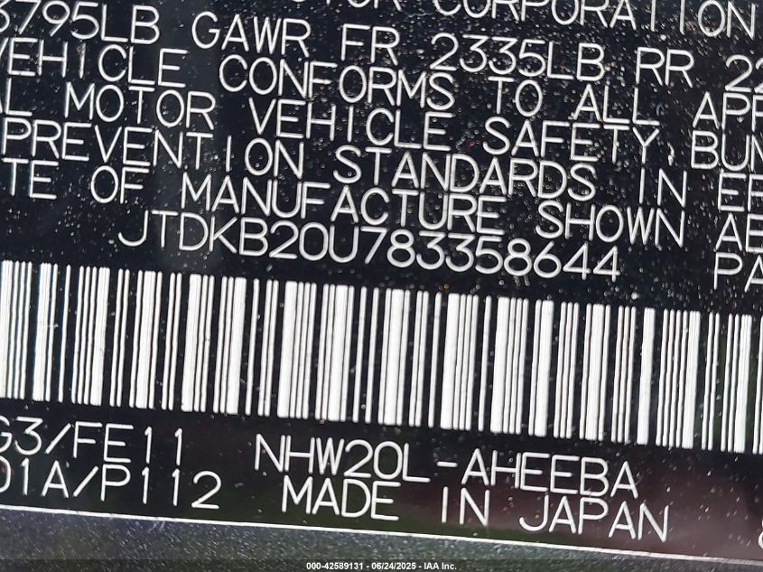 2008 Toyota Prius VIN: JTDKB20U783358644 Lot: 42589131