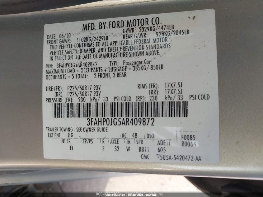 2010 Ford Fusion Sel VIN: 3FAHP0JG5AR409872 Lot: 42589187
