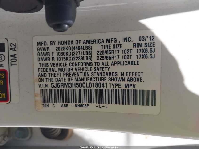 2012 Honda Cr-V Ex VIN: 5J6RM3H50CL018041 Lot: 42589302