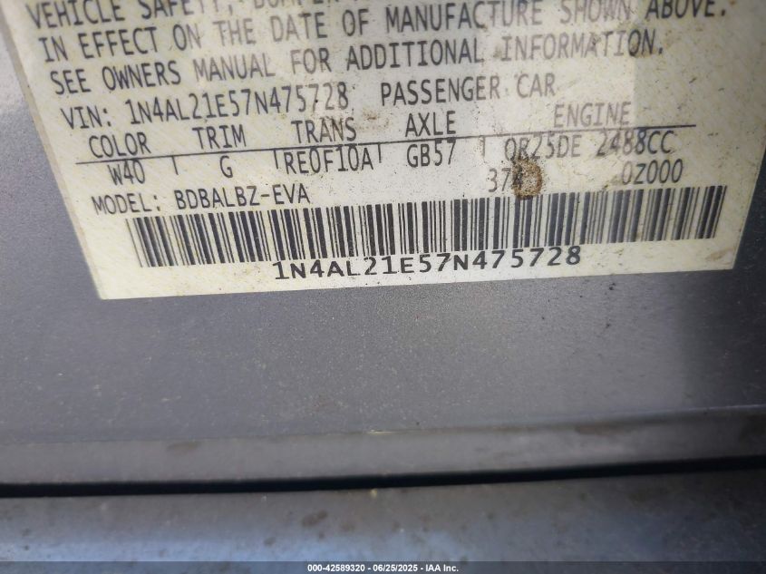 2007 Nissan Altima 2.5 S VIN: 1N4AL21E57N475728 Lot: 42589320