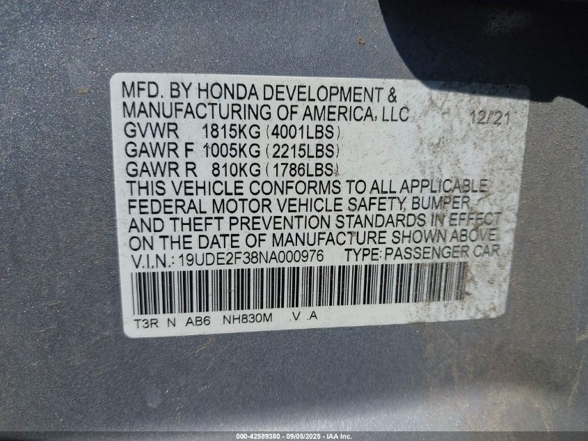 2022 Acura Ilx Standard VIN: 19UDE2F38NA000976 Lot: 42589380