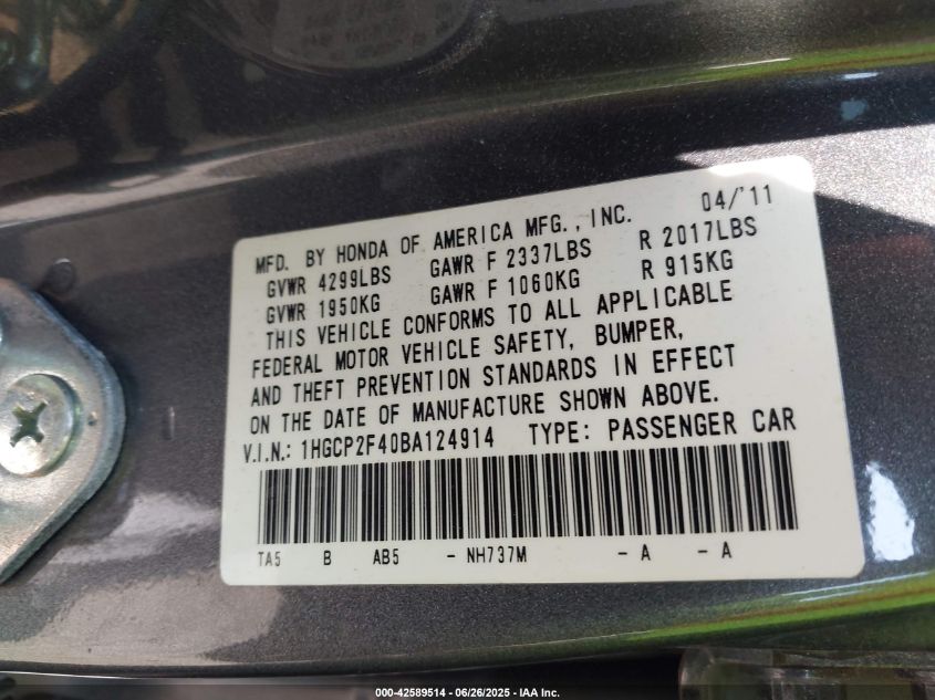 2011 Honda Accord 2.4 Lx-P VIN: 1HGCP2F40BA124914 Lot: 42589514
