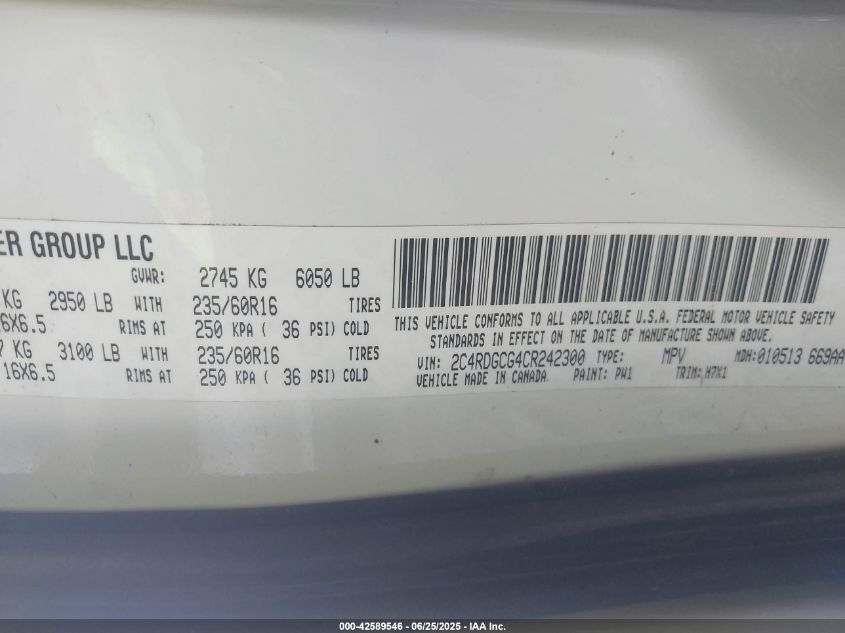 2012 Dodge Grand Caravan Sxt VIN: 2C4RDGCG4CR242300 Lot: 42589546