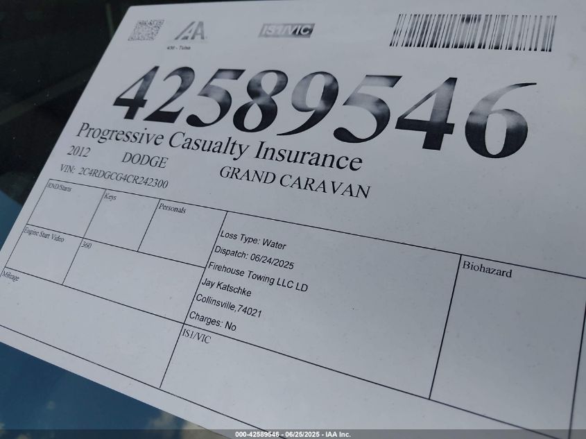 2012 Dodge Grand Caravan Sxt VIN: 2C4RDGCG4CR242300 Lot: 42589546