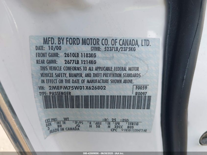 2001 Mercury Grand Marquis Ls VIN: 2MEFM75W01X626802 Lot: 42589556